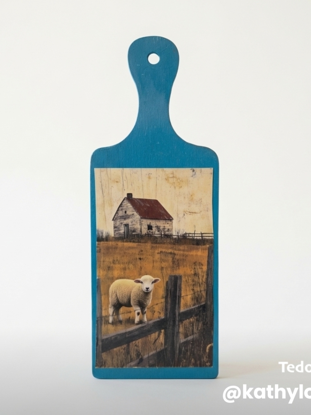 Blue Wooden Paddle Wall Art with Farm Lamb Scene
